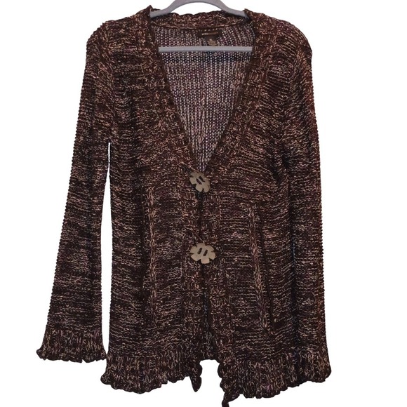 BCBGMaxAzria Sweaters - BCBGMAXAZRIA Women's XL Cardigan Sweater Brown Multi Button‎ Ruffle Hem